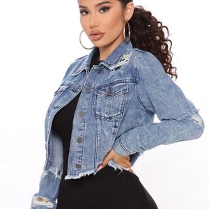 Cropped distressed denim jacket